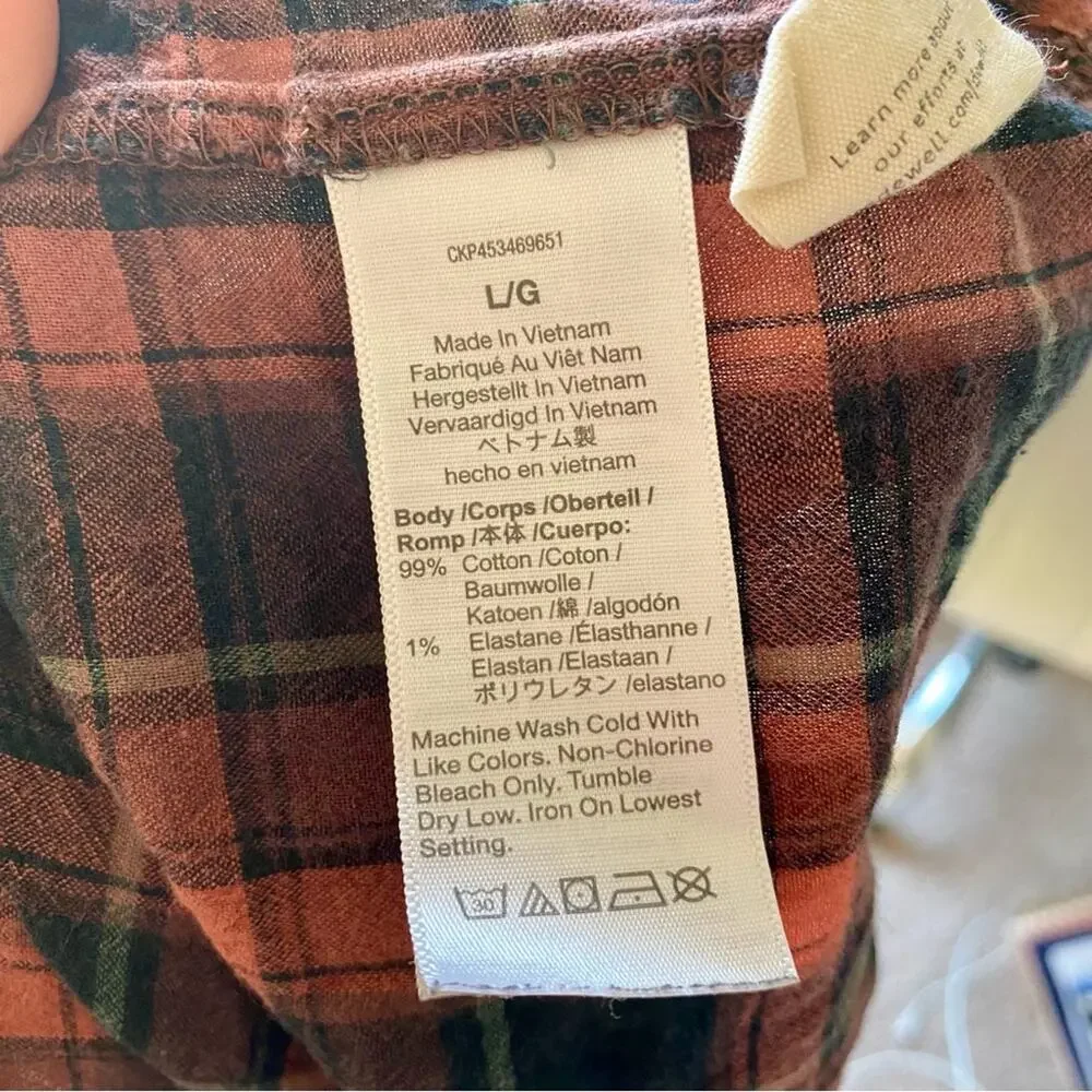 Madewell Preppy V-Neck Plaid Gathered Slightly Shrunken Puff Sleeve Casual Top